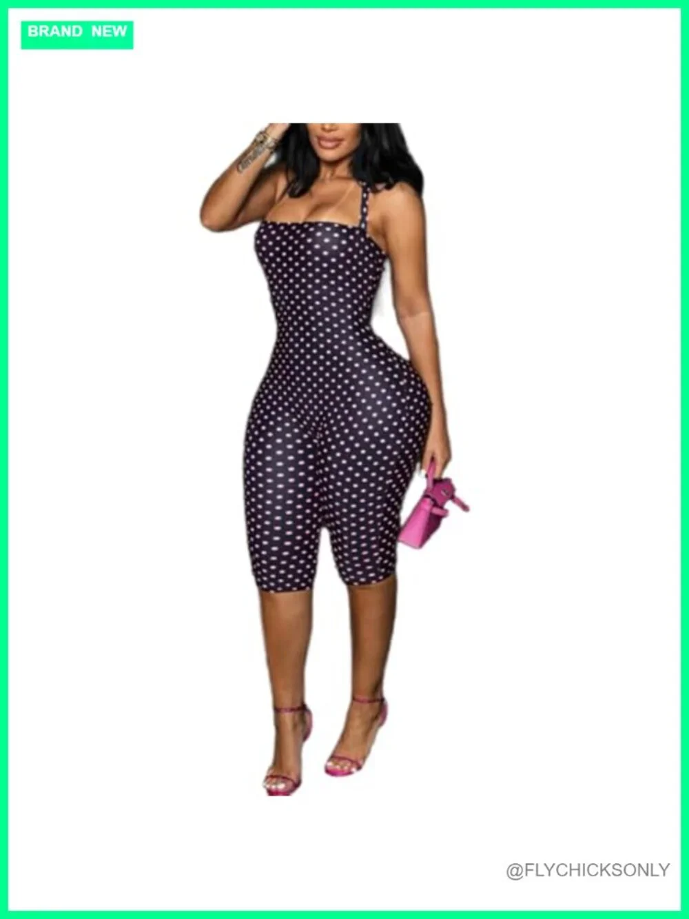 Women's Sleeveless Halter Neck Polka Dot Jumpsuit, Stretchy Bodycon Capri One